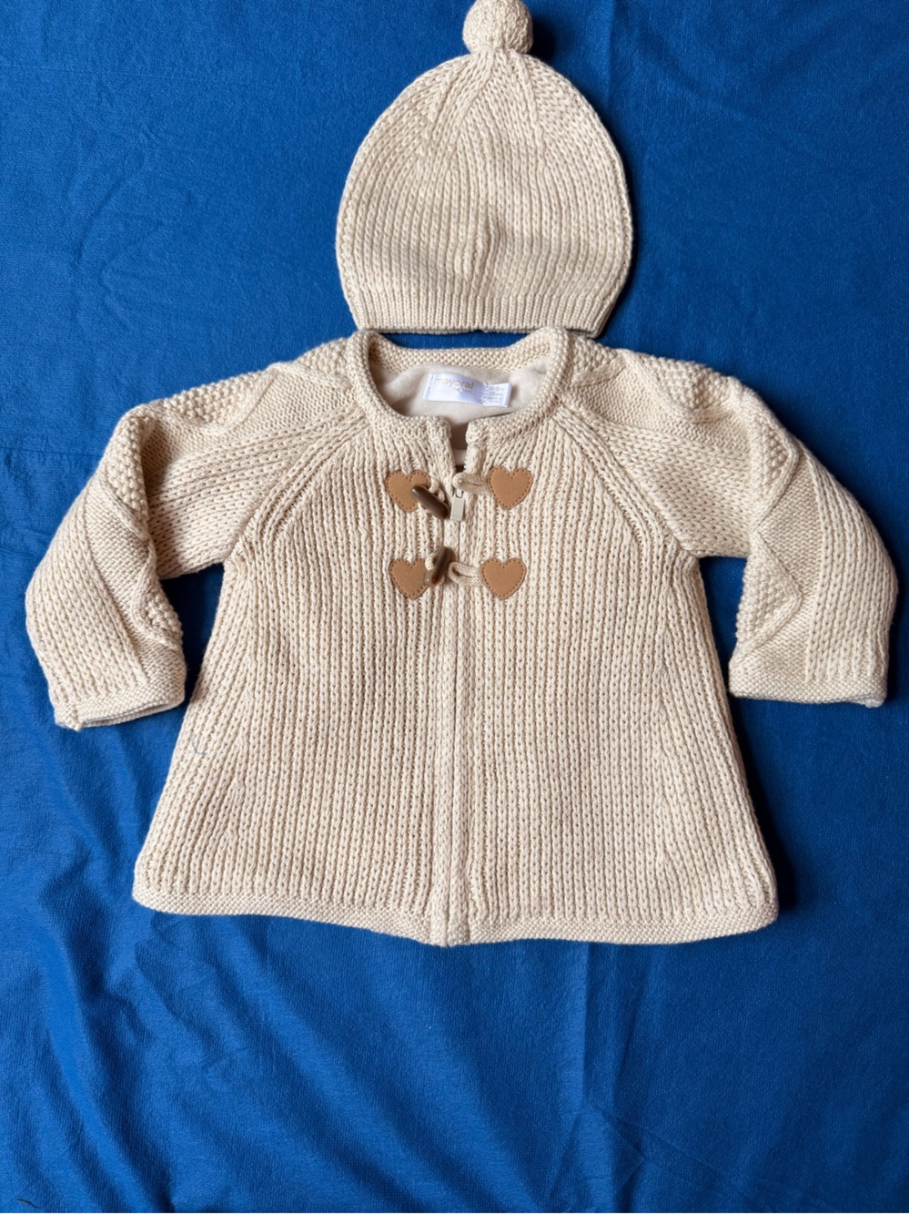 NWOT Mayoral Cream Knit Baby Coat with Pom Pom Hat 6-9 months. Never Worn